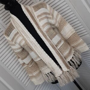 Ruby Rd. Cream and Tan Sweater Cover Up with Fringe